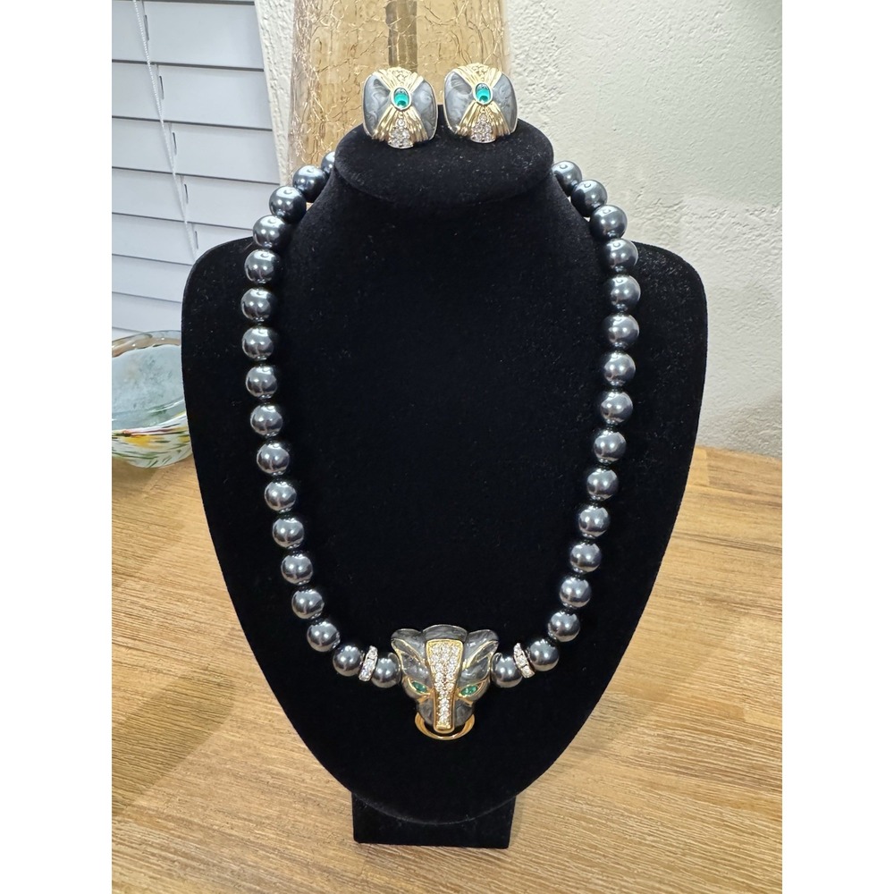 KJL for Avon Duchess of Windsor Panther Rhinestone beaded necklace Earrings set